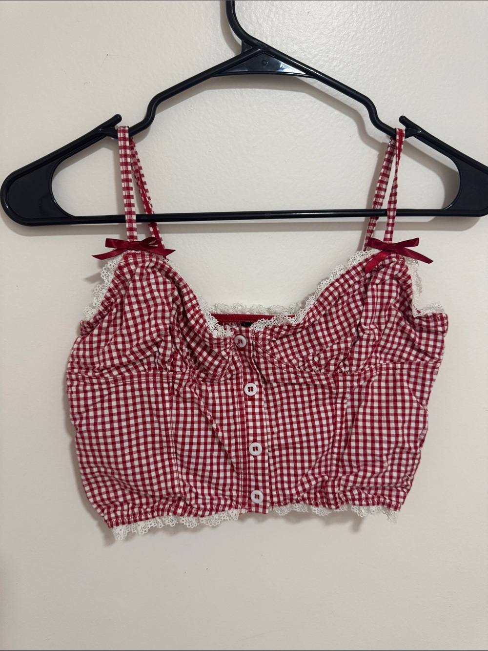 Forever 21 Red Gingham Lace-Trim Crop Cami